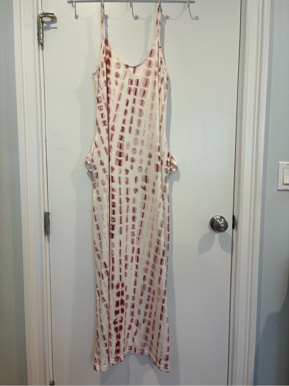 Sleeveless Cream Maxi Slip Dress with Red/Pink Abstract Tiedye-ish design
